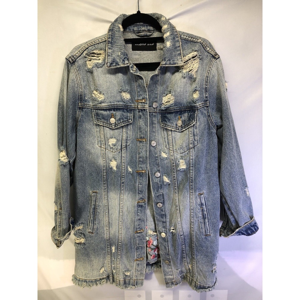 Mustard Seed distress Embroidered Denim Jean Jacket w Facts Saying Sz Medium - Picture 2 of 10